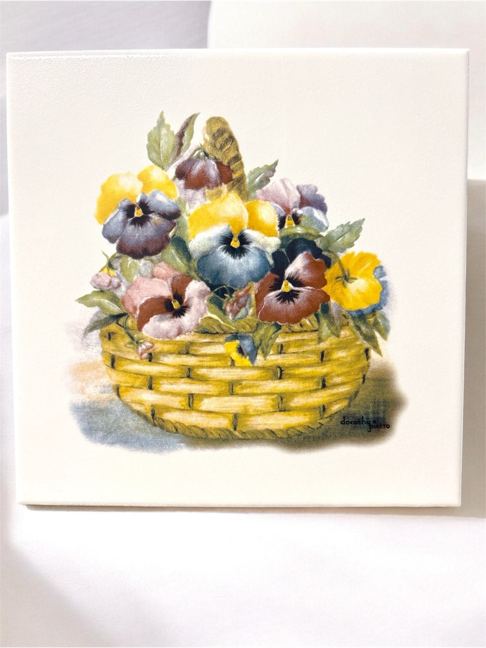 Vintage Pansy Basket Floral Art tile - Yellow, Blue, Purple (trivet)